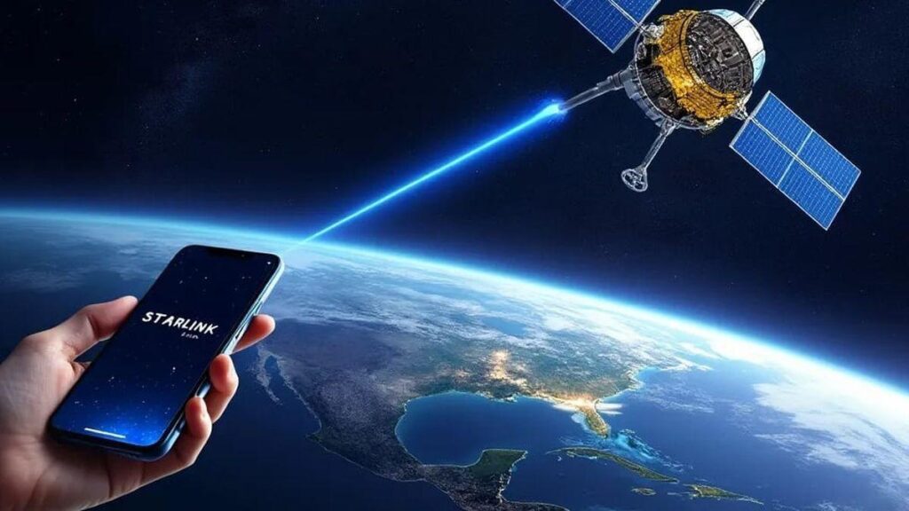 SpaceX Starlink satellite mobile network connecting smartphones around the world.