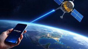 SpaceX Starlink satellite mobile network connecting smartphones around the world.